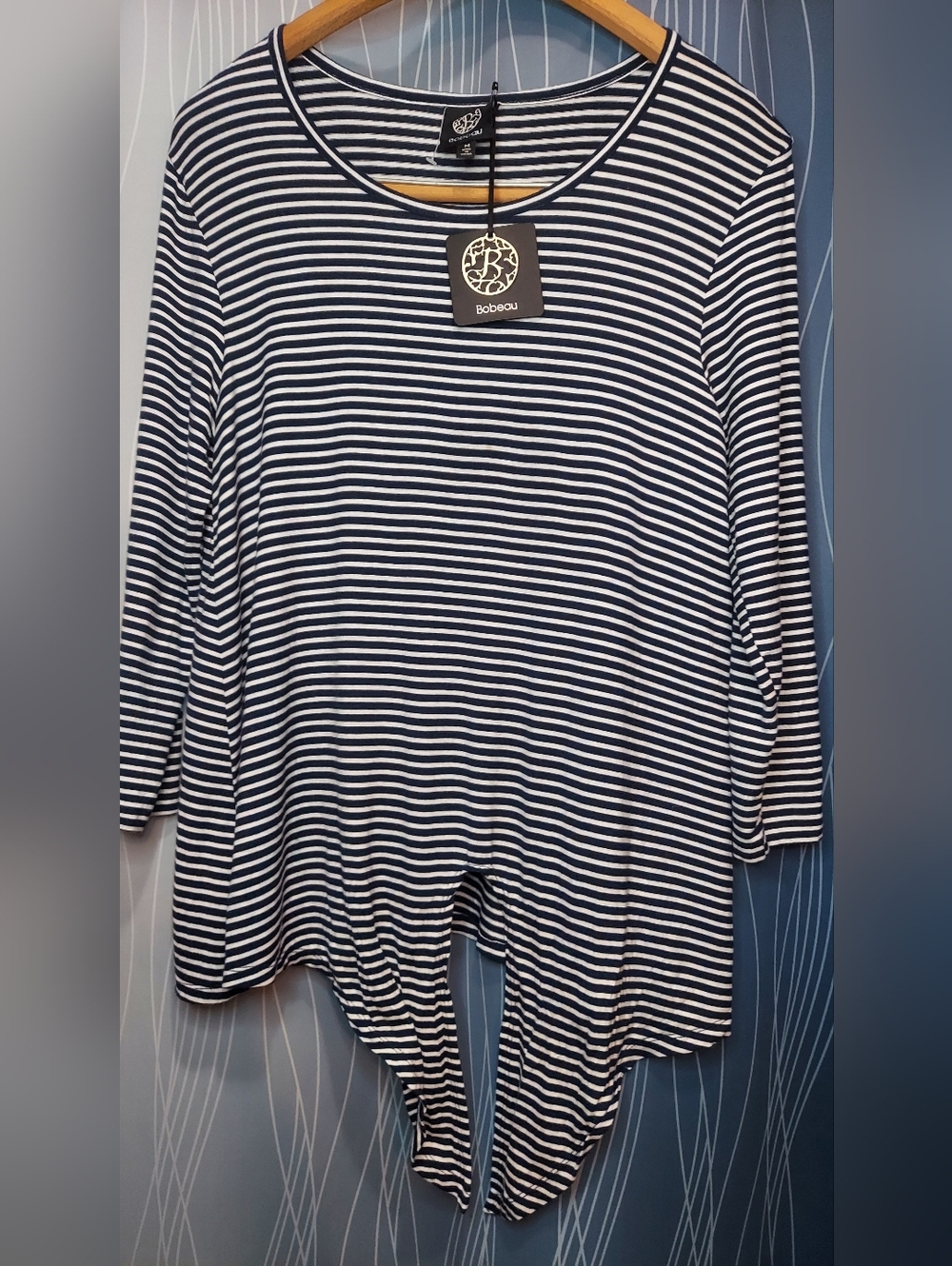 bobeau Navy & White Striped Long Sleeve Tie-Front Top - Picture 2 of 5